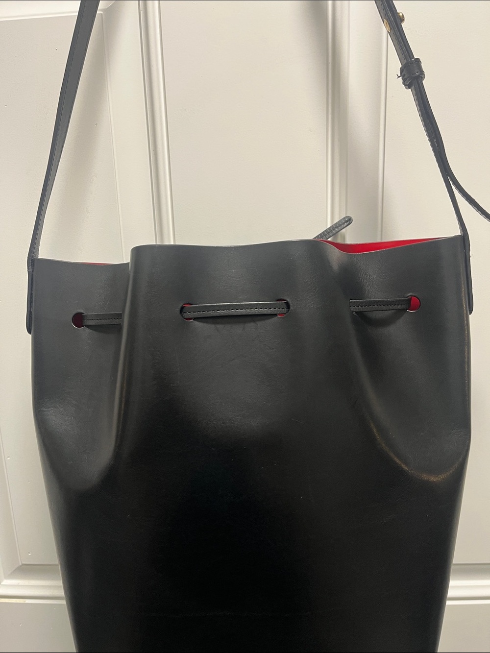 Mansur Gavriel Black Leather Bucket Shoulder Bag with Red Eyelet 13 x12.5x 6 - Picture 16 of 16